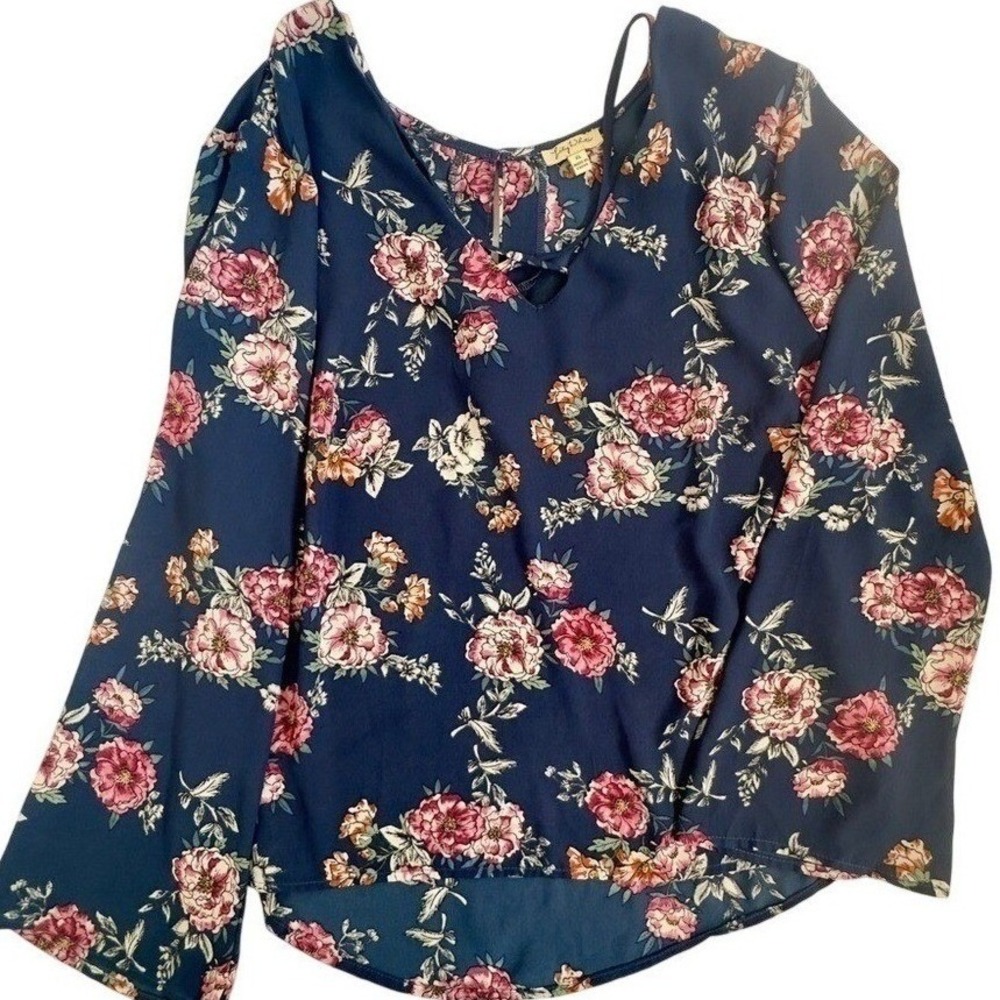 Lily White Blouse Blue Floral Cold Shoulder Cottagecore Romantic XL